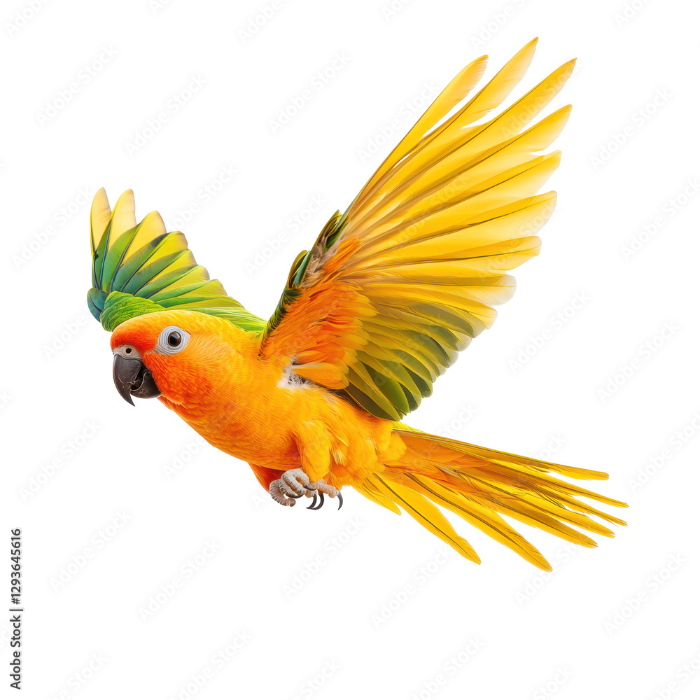 Fototapeta premium Bright tropical parrot in flight, vivid yellow and green feathers, capturing the essence of wildlife and nature's beauty. Isolated on white background or PNG