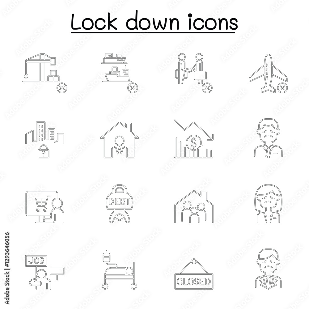 Lock down icons set in thin line style Lock down icons set in thin line style
