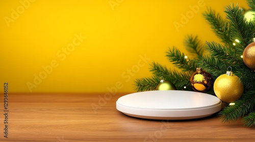 Festive Podium Mockup White Round Display with Gold Ornaments and Fir Branches on Wooden Table