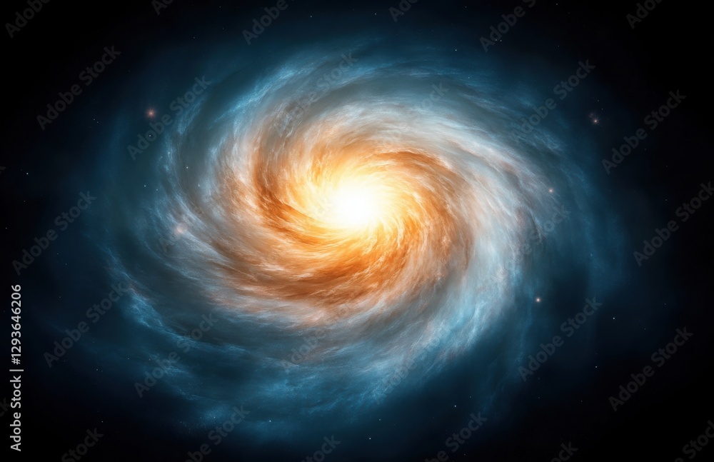 Fototapeta premium A spiral galaxy, with the center of its structure glowing white and centered in an intricate pattern