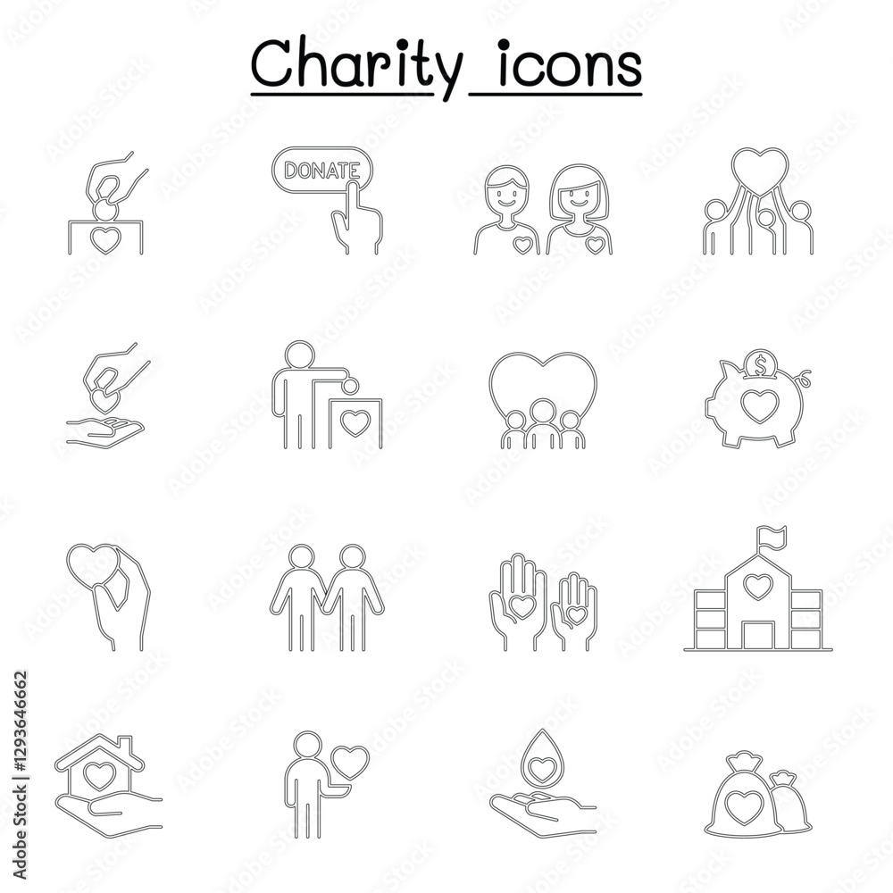 Charity & Donation icons set in thin line style Charity & Donation icons set in thin line style