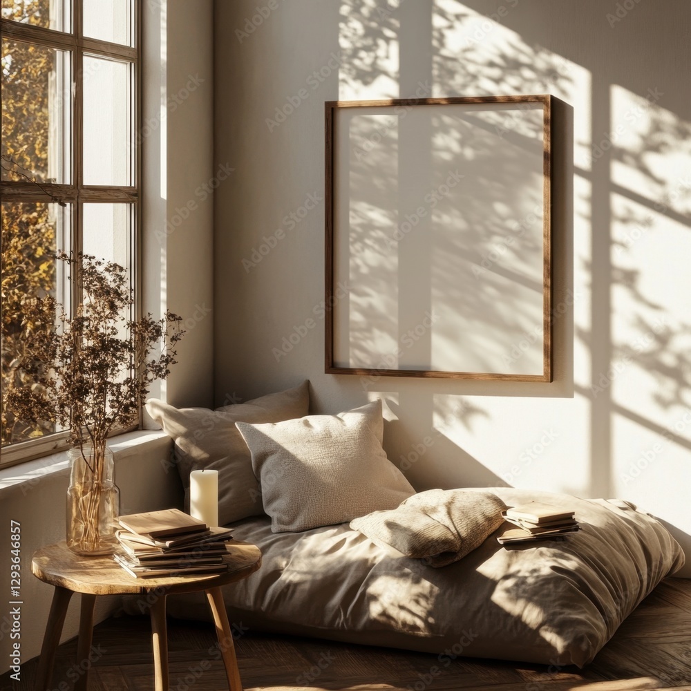 Fototapeta premium A white framed picture is on the wall. The picture is empty. A vase with flowers is on a table. A book is on the table. A pillow is on the floor