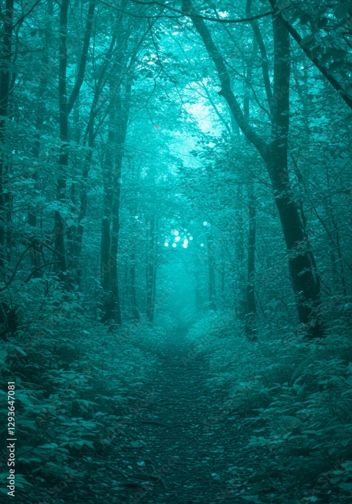 Obraz premium Walking Path Through Foggy Forest with Trees in Dark Teal Tone
