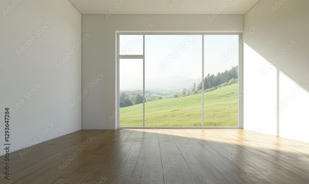 Fototapeta premium A large window in a room with a view of a green field. The room is empty and has a wooden floor