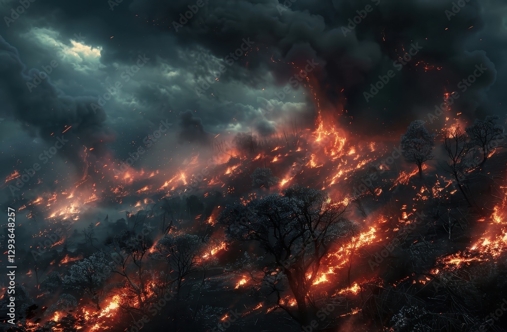 Fiery Wildfire Engulfing a Forest at Night Fiery Wildfire Engulfing a Forest at Night