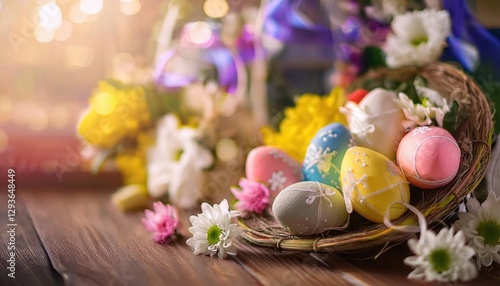 Happy Easter. Congratulatory easter background. Easter eggs and flowers