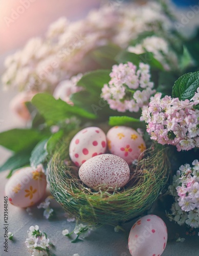 Happy Easter. Congratulatory easter background. Easter eggs and flowers