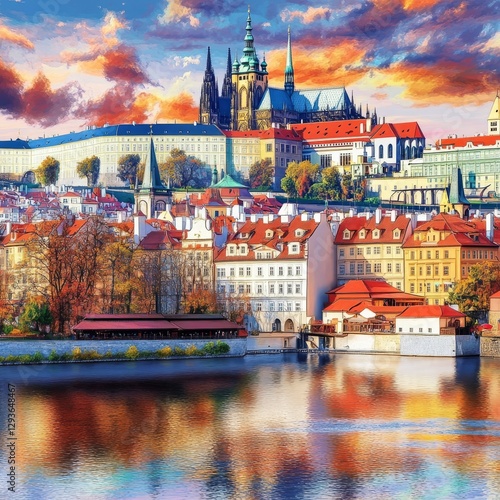 Prague castle on Vltava with Charles Bridge
