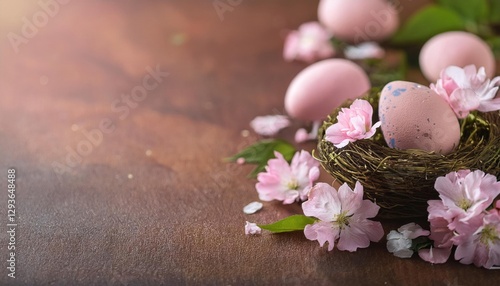 Happy Easter. Congratulatory easter background. Easter eggs and flowers