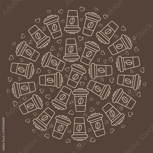 Disposable cups Coffee bean on label and hearts Circular Frame border Light on brown Coffee Day fond