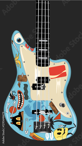 Guitarra electrica azul con pegatinas de rock