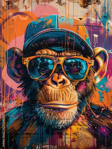 A funky graffiti art of a monkey with a cap and sunglasses, vibrant and edgy, dynamic view, graffiti-covered wall background
