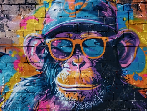 A funky graffiti art of a monkey with a cap and sunglasses, vibrant and edgy, dynamic view, graffiti-covered wall background