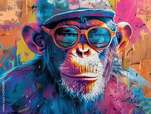 A funky graffiti art of a monkey with a cap and sunglasses, vibrant and edgy, dynamic view, graffiti-covered wall background