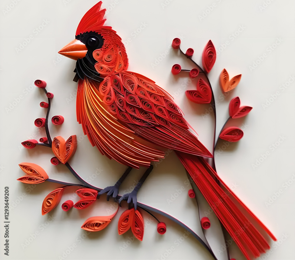 Fototapeta Festive cardinal, red bird on the branch in quilled paper art design for holiday decor.  Template for Christmas greeting card, poster, banner 