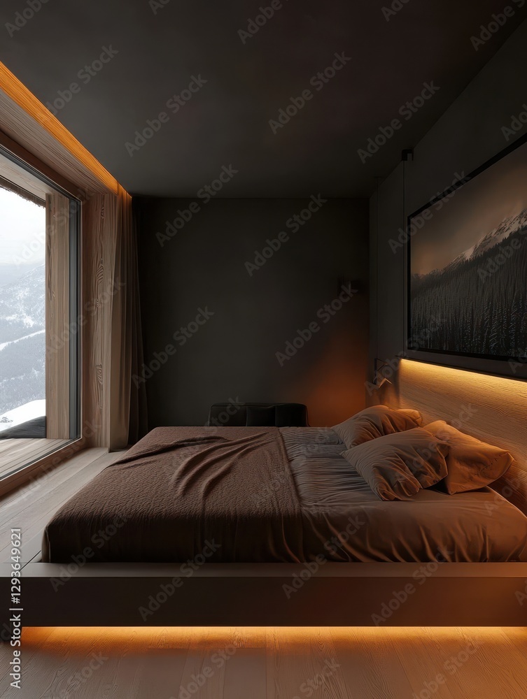 A modern bedroom with warm light and a cozy atmosphere A modern bedroom with warm light and a cozy atmosphere