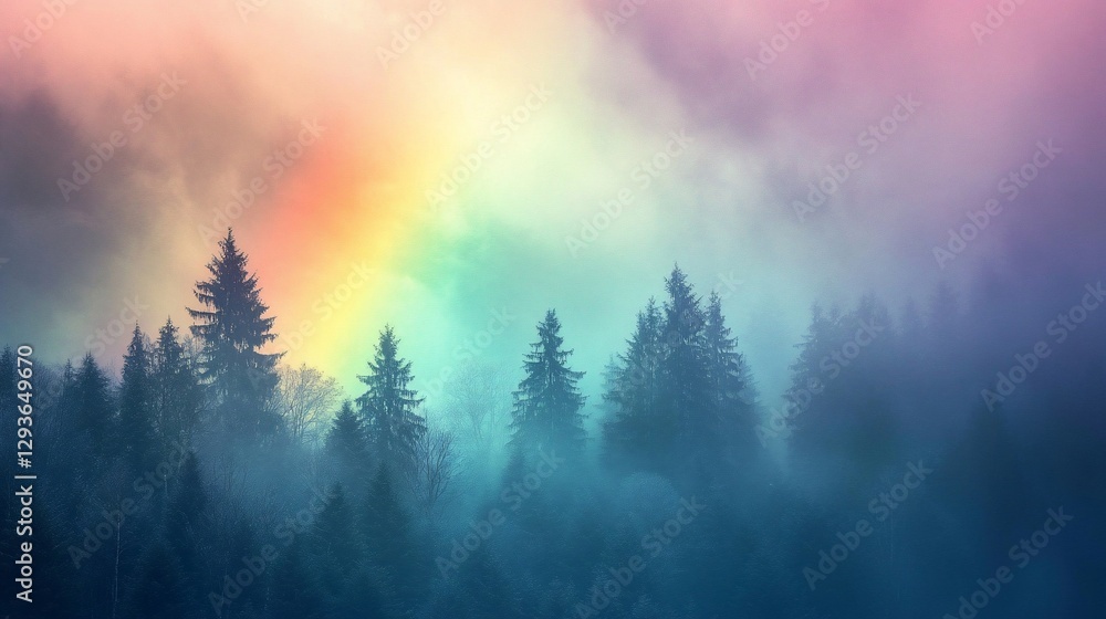 Fototapeta premium Misty forest landscape with pastel rainbow.