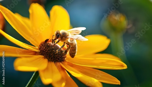 Honey Bee Gathering Pollen on a Yellow Flower in a Garden A Vibrant Moment of Natures Busiest Worker at Sunset photo