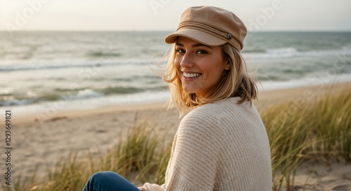 Woman Smiling Joyfully on Sandy Beach with Dune Grass