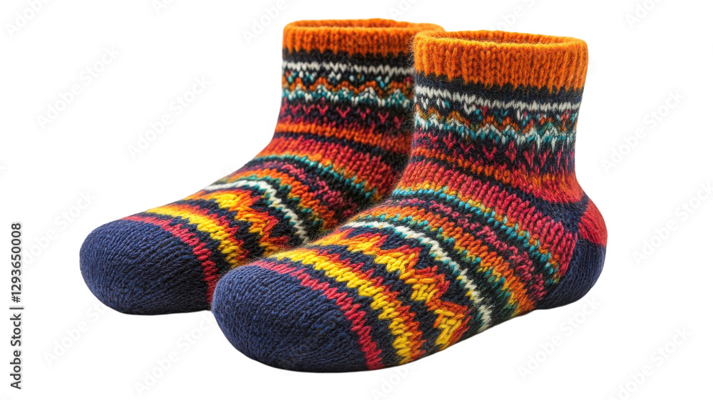 Colorful knitted socks with intricate patterns displayed on a white background Colorful knitted socks with intricate patterns displayed on a white background
