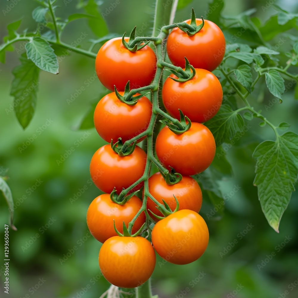 A healthy tomato plant with clusters of bright orange, round tomatoes, exhibiting a smooth, shiny surface and a juicy appearance. A healthy tomato plant with clusters of bright orange, round tomatoes, exhibiting a smooth, shiny surface and a juicy appearance.