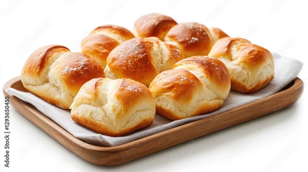 Freshly Baked Dinner Rolls on a Wooden Tray with White Cloth Freshly Baked Dinner Rolls on a Wooden Tray with White Cloth