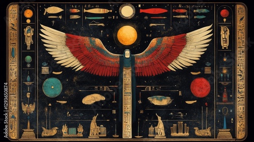 Ancient Egyptian Mythology Artwork - Intricate artwork depicting an Egyptian goddess with large wings, surrounded by symbolic celestial and earthly elements. Rich colors and detailed design