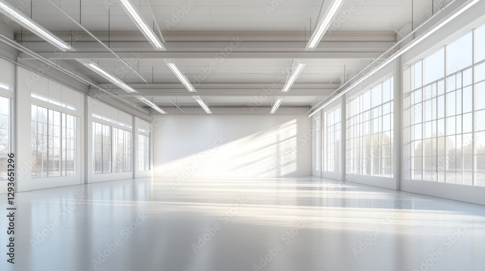Empty Modern Industrial Space, Sunlight Through Large Windows, Interior View, Ideal for Commercial, Retail, or Photography, Stock Photo Empty Modern Industrial Space, Sunlight Through Large Windows, Interior View, Ideal for Commercial, Retail, or Photography, Stock Photo