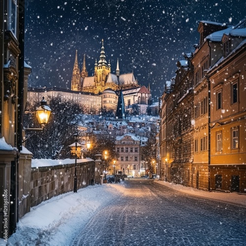 Snowy Prague castle, a romantic gothic escape.