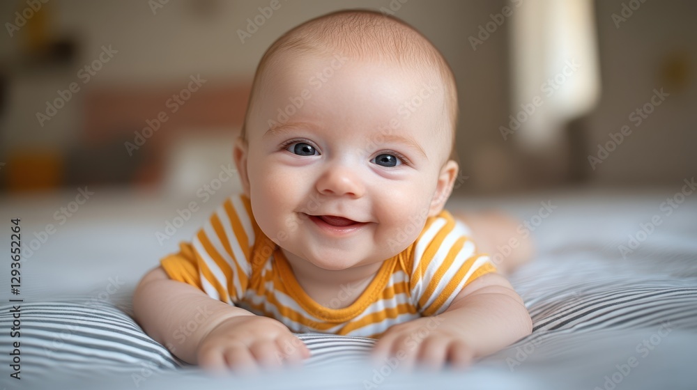 A joyful baby rests on a bed, wearing a striped shirt, radiating happiness and innocence in a cozy, peaceful setting.