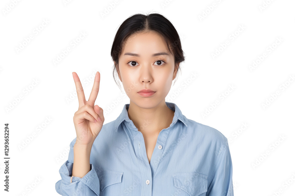 Asian female showing piece sign isolated on transparent white background Asian female showing piece sign isolated on transparent white background