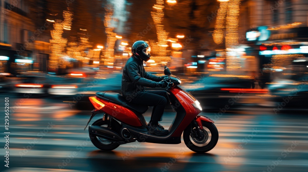 Fototapeta premium A man with a beard rides a vibrant red scooter along an urban street, showcasing a lively city atmosphere filled with movement and energy.