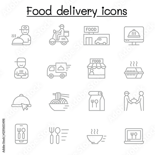 Food delivery icons set in thin line style