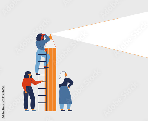 Business women create innovative ideas and solutions. Looking in the future. Females near the big pencil which like a lighthouse lighting the pathway forward. Vector illustration
