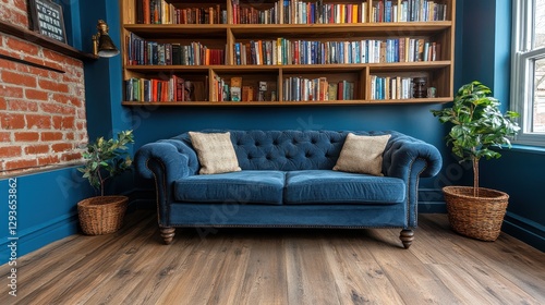A vibrant blue sofa is positioned in a cozy room, complemented by a bookshelf filled with books and a lush potted plant adding a touch of greenery.