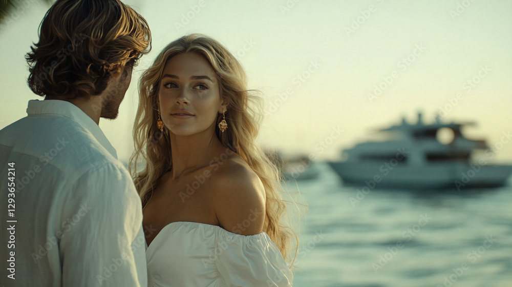 Handsome young couple standing by the ocean together - Luxury yachts in the background Handsome young couple standing by the ocean together - Luxury yachts in the background