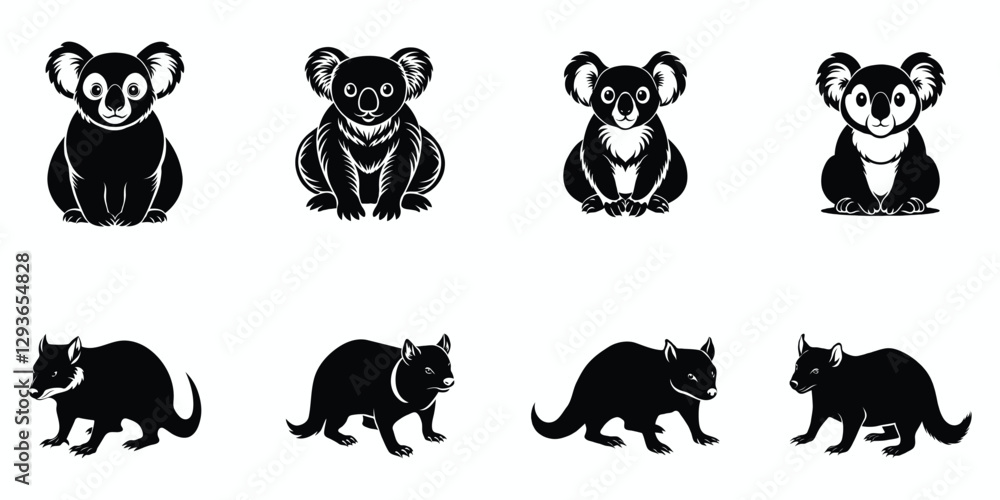 Obraz premium Set of animals, black and white linocut silhouette