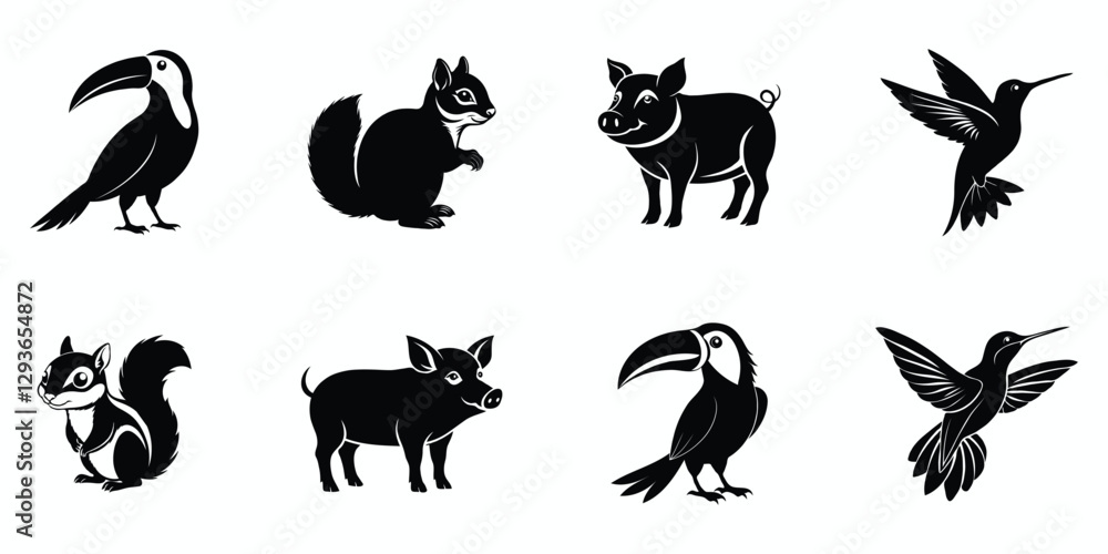 Obraz premium Set of animals, black and white linocut silhouette