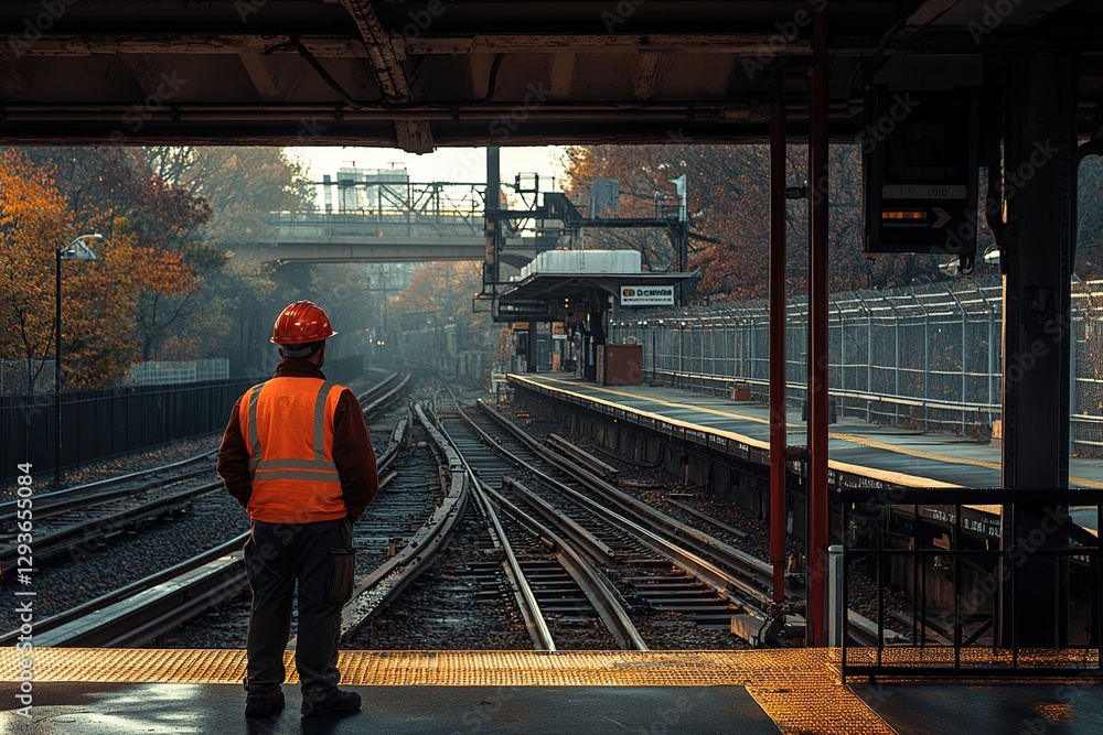 Fototapeta premium Railway Worker in Orange Vest at Train Station Platform
