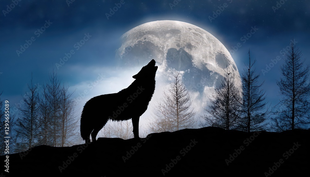 Enigmatic Gray Wolf Howls in the Misty Pine Forest, Mysterious Silhouette Illuminated by the Moonlights Soft Glow, Capturing the Wild Beauty of the Night. Enigmatic Gray Wolf Howls in the Misty Pine Forest, Mysterious Silhouette Illuminated by the Moonlights Soft Glow, Capturing the Wild Beauty of the Night.