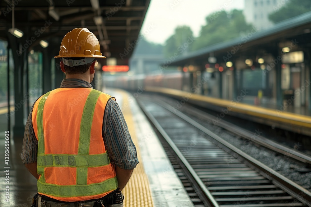 Construction Worker Waiting at Train Station Platform Construction Worker Waiting at Train Station Platform