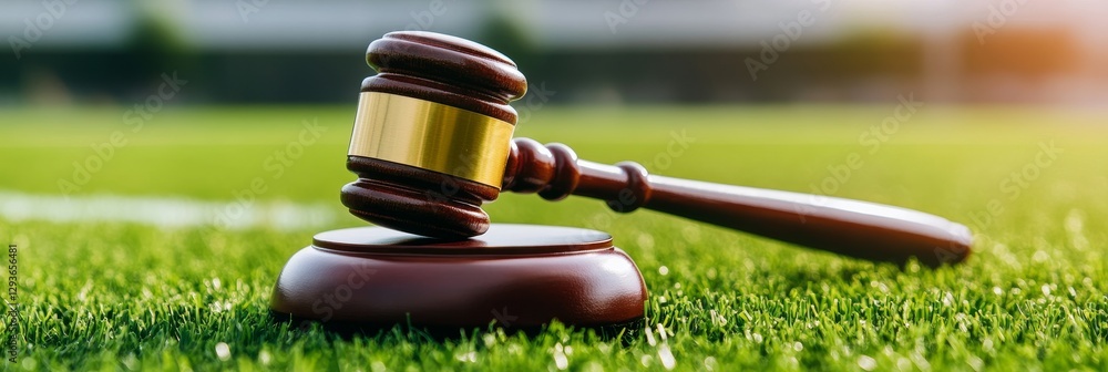Obraz premium Gavel on Green Field - A judge's gavel rests on a lush green field, symbolizing legal disputes in sports or outdoor settings