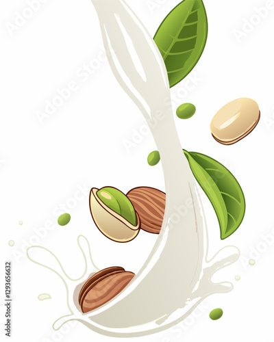 Minimalistic design: a flow of milk lactose free surrounded by nuts for a healthy lifestyle