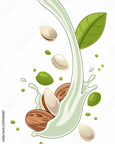 Natural ingredients: a vector composition of lactose-free milk surrounded by various nuts