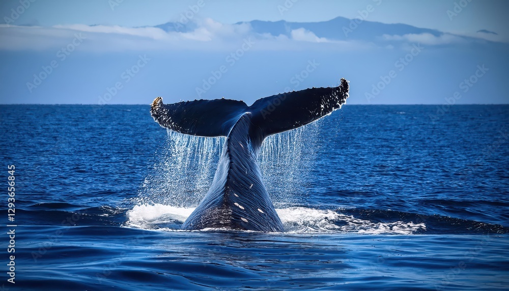 Fototapeta premium Majestic Humpback Whale Diving Beneath the Radiant Pacific Ocean Waters of Tonga, Polynesia A Stirring Scene of Grace and Elegance Amidst the Exotic Turquoise and Sapphire Seascape.