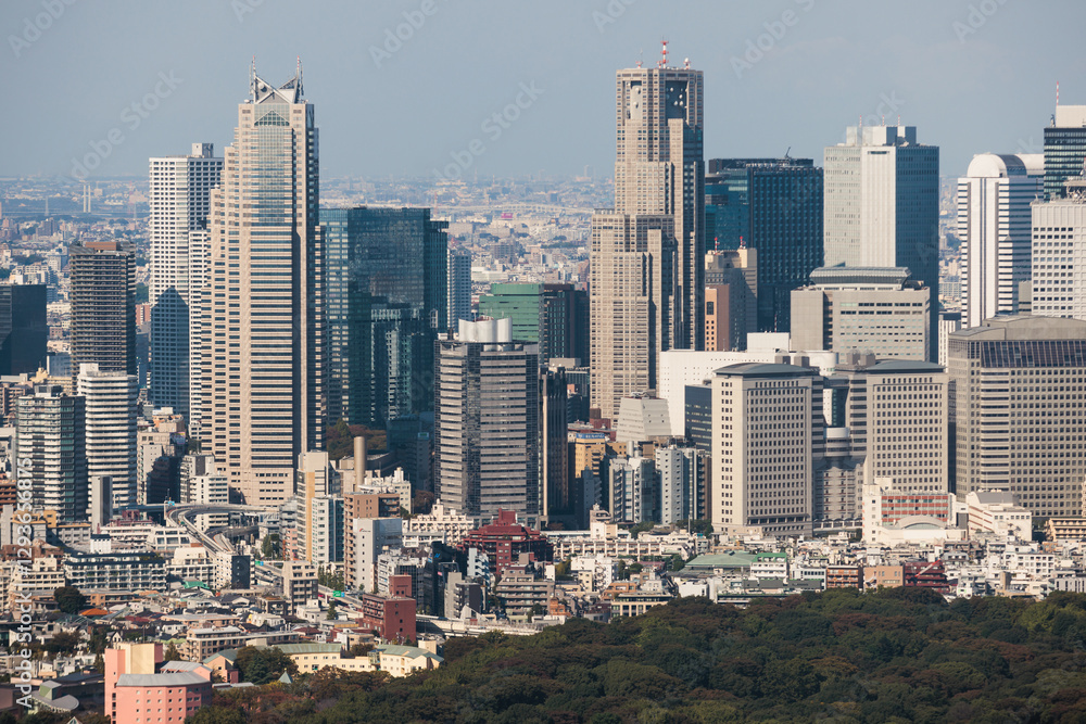 Obraz premium Beautiful super wide aerial view of Tokyo, Japan, rooftops and skyscrapers, with skyline and city scenery, seen from the observation deck in a sunny day with a blue sky, Tokyo Metropolitan urban area