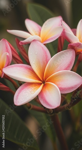 Vibrant pink plumeria blossoms with dew on lush green leaves