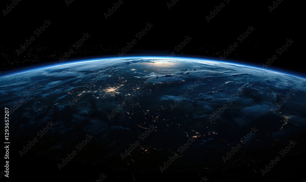 Obraz premium Majestic Earth at Night Viewed from Space: A Stunning Panorama of City Lights and Dark Blue Curves