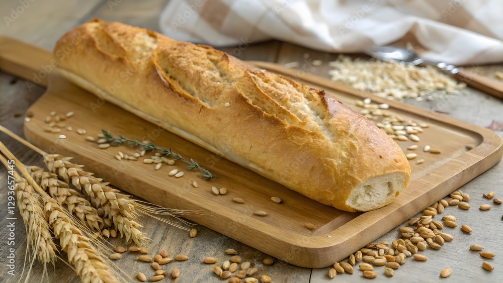 A close-up shot of a golden-brown baguette on a wooden cutting board, surrounded by scattered wheat grains A close-up shot of a golden-brown baguette on a wooden cutting board, surrounded by scattered wheat grains