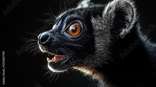 Portrait of a black lemur with striking orange eyes and open mouth against a dark background showcasing its unique beauty photo